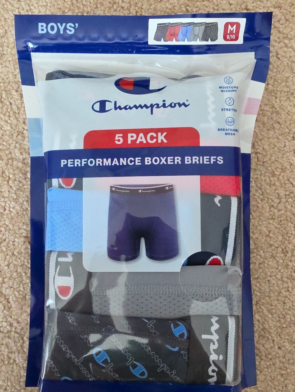 Champion Boys' 5-Pack Performance Boxer Briefs - Gray, Blue, Black